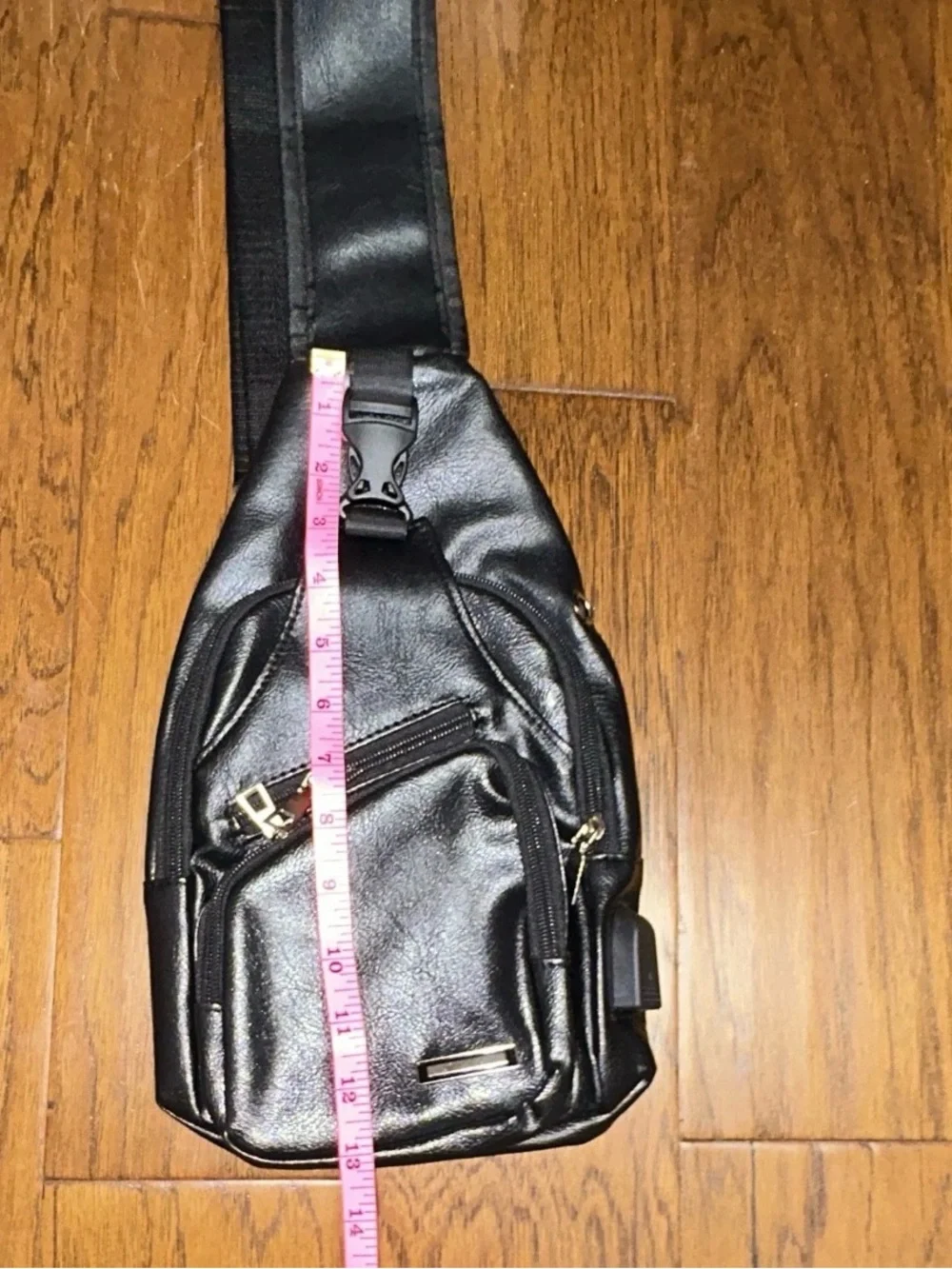 Black Leather-Effect Sling Messenger Bag with Front Zip Pockets